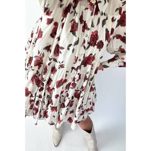 Floral Tiered Mini Dress - White with Red Rose Print - Picture 4 of 4